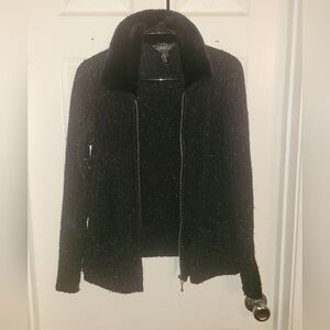 Rafaella Black Wool Zip Up Jacket w/ Colorful Specks Size Small Faux Fur Collar